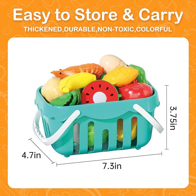 130Pcs Kitchen Playset, Toddler Pretend Cooking Play Pots, Pans, Utensils Cookware, Daily Food Fruit Veges, Shopping Storage Basket, Dessert, Prop Money, Learning Gift for Child (Turquoise)