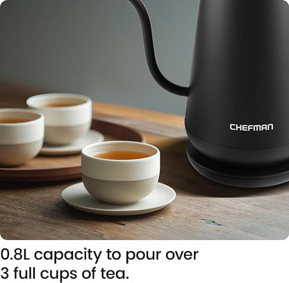 Chefman Gooseneck Electric Kettle, 0.8L Pour Over Tea Kettle for Coffee and Tea, One-Touch Operation, Boil-Dry Protection, Auto Shut-Off, Ultra-Fast Hot Water Boiler – Black