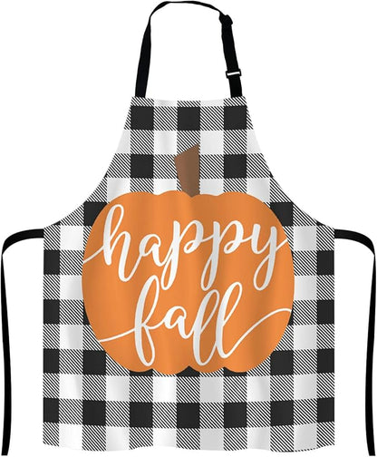 Happy Fall Pumpkin Thanksgiving Pillow case Buffalo Plaid Adjustable Bib Apron Kitchen Cooking Baking Gardening Apron for Women Men