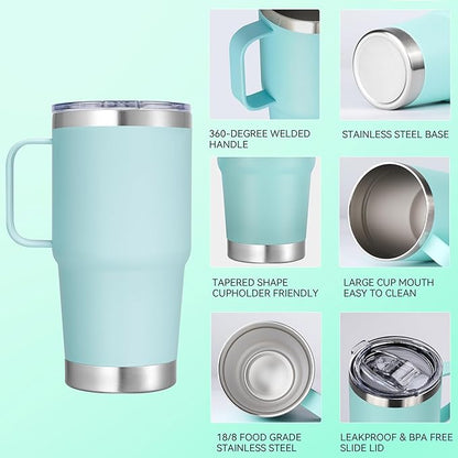 20 oz Stainless Steel Tumbler with Handle Metal Insulated Coffee Travel Mug with Handle Double Wall Tumbler Cup with Lid and Straw, Mint Green 1 Pack