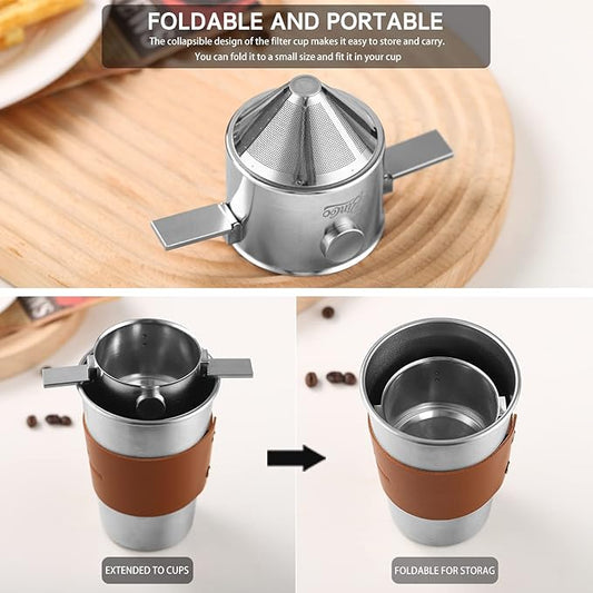 Bincoo Pour Over Coffee Dripper, Portable Stainless Steel Reusable Coffee Filter, Mini Collapsible Paperless Single Serve 1-2 Cup Coffee Dripper Cup Easy To Clean For Travel Camping Offices