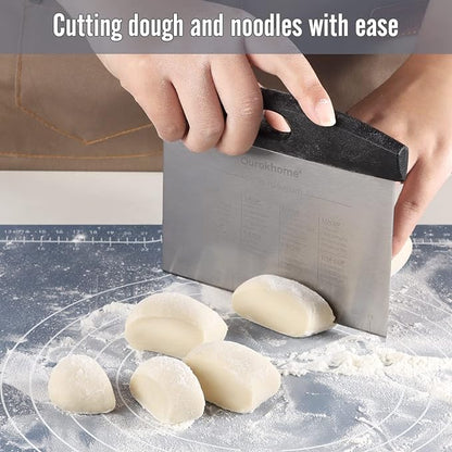 Ourokhome Dough Pastry Bench Cutter Scraper, Stainless Steel Pizza Cutter for Kitchen Baking, Dishwasher Safe, Anti-Wear Laser-Engraved Measuring Scale and Conversion Chart, 2 Pack, Black