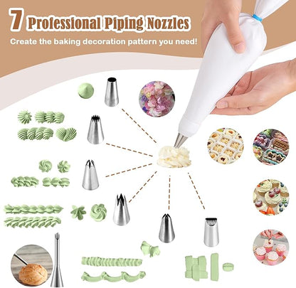 14-Piece Reusable Piping Bags and Tips Set- Cotton Baking Kit with Coupler, Stainless Steel Nozzles,Silicone Cable Ties& Cleaner for Cakes/Cupcakes/Cookies Decorating