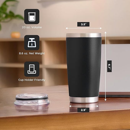 OMTech 20oz Tumblers Bulk, 6pc Stainless Steel Tumbler Set with Lid & Straw, Double Wall Vacuum Insulated Mug for Laser Engraver, Travel Coffee Mug for Hot & Cold Drinks, Black Powder Coated Cup