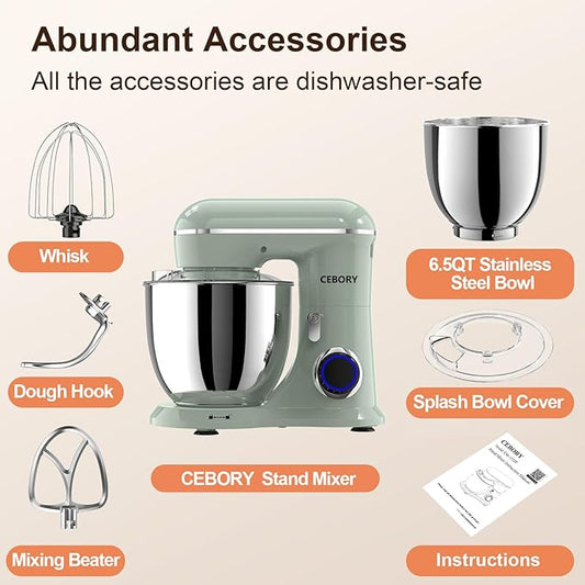 3-IN-1 Electric Stand Mixer, 6.5QT Bowl 660W 10-Speed Kitchen Mixer, Household Food Mixers include Dough Hook, Beater and Whisk, Bread Cake Mixer for Baking and Most Home Cooks, Green