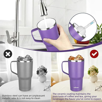 20 oz Insulated Coffee Mug with Ceramic Coating, Stainless Steel Travel Mug Tumbler with Handle Lid and Straw, Double Wall Leak-Proof Coffee Travel Mug Keeps Drink Hot and Cold (Purple)