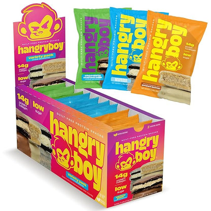 Hangryboy Protein Cookie Sandwich – 14g High Protein, Gluten‑Free, GMO‑Free Cookies - Perfect on The Go Protein Snack, Variety Pack, 12‑Count Box