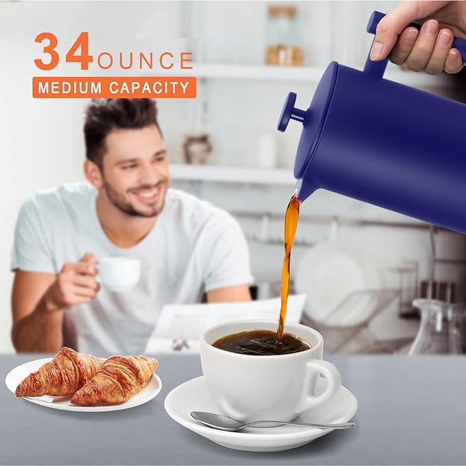 Secura French Press Coffee Maker, Double-Wall 304 Grade Stainless Steel Coffee Press with 2 Extra Screens, 34oz (1L), Blue