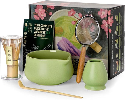 Nucookery Matcha Set - 6 PCS Matcha Whisk Set, 18OZ Matcha Bowl (Chawan) with Spout, Matcha Whisk (Chasen) and Holder, Bamboo Matcha Scoop and Sifter, Matcha Kit/Tools/Accessories for Tea Ceremony