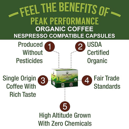 Peak Performance Organic Capsules for Nespresso Machines - Fair Trade, Low Acid, Organic Espresso Coffee Pods (36 Count) Compatible With All Nespresso Capsule Brewers. Medium Roast Single Serve Pod