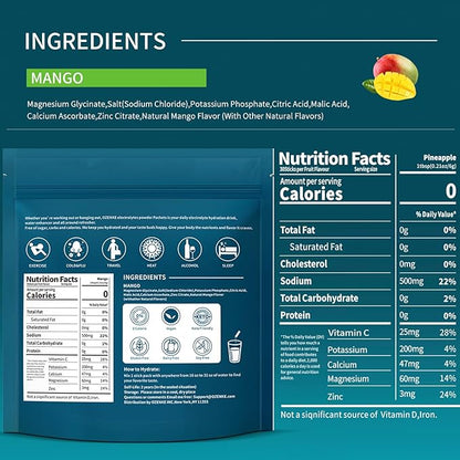 Electrolytes Powder Packets, 30 Sticks Hydration Packets Sugar Free, Electrolyte Drink Mix Portable Electrolyte Packets for Rapid Hydration, 0 Sugar & 0 Calorie, Mango Flavor