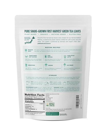 Jade Leaf Matcha Organic Premium Ceremonial Grade Matcha Green Tea Powder - Japanese - Culinary, Ingredient, Ceremonial Barista Teahouse, Latte, Collagen, 16 Ounce (Pack of 1), Ceremonial Barista