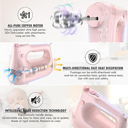 Electric Hand Mixer with Stainless Steel Whisk, Dough Hook Attachment and Storage Bag, Handheld Mixer for Baking Cakes, Eggs, Cream Food Mixers. Turbo Boost /5 Speed Kitchen Blender PINK