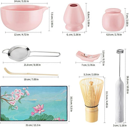 Matcha Whisk Set,9 Pcs Japanese Matcha Set Pink, Matcha Kit with Sifter, Matcha Tea Cloth, Matcha Powder Canister, Electric Rechargeable Frother(Pink)