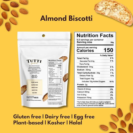 Tutti Gourmet Gluten Free Almond Biscotti, 9.9 oz (283g) Resealable Cookie Bag - Vegan and Halal Snacks