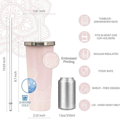 bzyoo SUP Double Wall Vacuum Insulated Tumbler with Straw and Lid Stainless Steel Water Bottle Cold Drink Travel Mug Cup, Valentines Gifts For Him & Her (710ml) Color: Mandala Pink