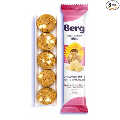 Berg Energy Bites Sunflower Butter & White Chocolate – Plant‑Based Protein Snack with 16 g Protein & 1 g Sugar – Vegan, Gluten‑Free, Low Sugar, High Fiber, Non‑GMO Prebiotic Bites – 1.5 oz (8 Pack)