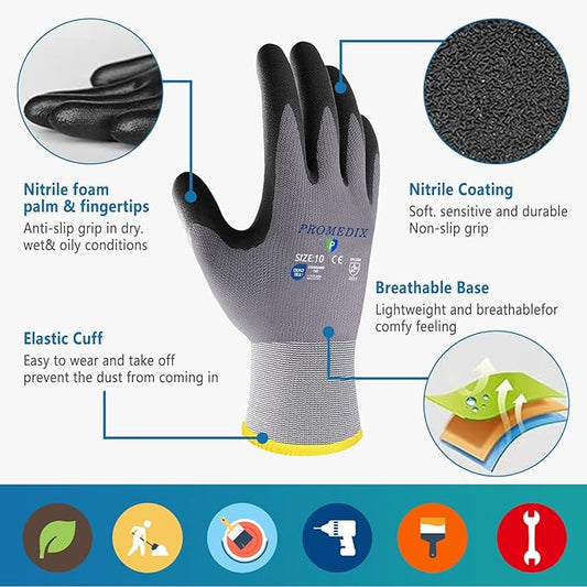 PROMEDIX P Nitrile Coated Work Gloves,MicroFoam Safety Work Gloves Men,Seamless Knit Nylon&spandex Gloves with Grip
