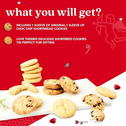 David’s Cookies Shortbread Cookies in Love Sweet Sampler Tin - Original and Chocolate Chip Shortbread Cookies in a Love-Themed Gift Tin - Gourmet Food Gift Basket for Her Him