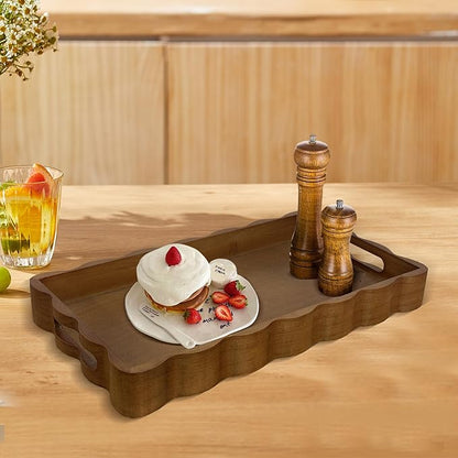 JUIOETURPine Wood Decorative Tray with Handle Rectangular Wooden Serving Tray for Breakfast in Bed,Coffee Table,Dining Table,or Kitchen - Perfect for Living Room,Bedroom,and Entryway Decor (Brown)