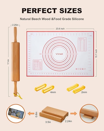 Classic Wood Rolling Pin, 17" Rolling Pins for Baking with Silicone Mat and Adjustable Thickness Rings, Pasta Roller with Wood Base, Fondant Roller for Pie Crust, Cookies, Pizza Dough and Bread