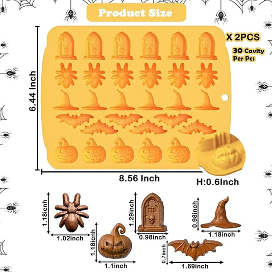 Halloween Chocolate Mold Silicone,30 Cavity Candy Gummy Mold with Pumpkin Wizard Hat Bat Spider Tombstone for Baking Chocolate Jelly Gummy Dessert