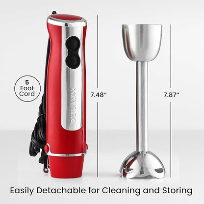 Zulay Immersion Stick Mixer Hand Blender - 800 Watts, Turbo Mode, 5-ft Power Electric Cord, Handheld Portable, Stainless Steel Blades - For Effortless Blending Smoothie, Soup, Baby Food, Puree - Red