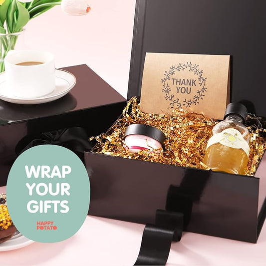 HAPPY POTATO Black Gift Box with Lid and Ribbon 9x6.5x3.8 Inches, Groomsman Proposal Boxes, Magnetic Gift Box for Presents (Glossy Black)