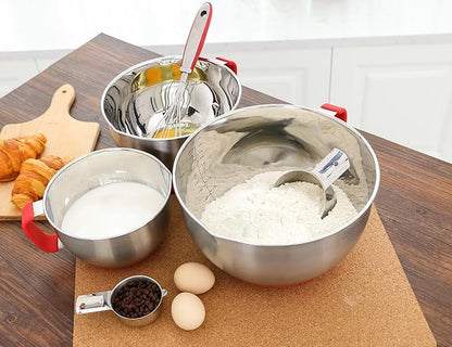 Rorence Mixing Bowls with Lids Set: Stainless Steel Mixing Bowls with Handles, Non-Slip Bottom & Pour Spout - Red, 3 quarts