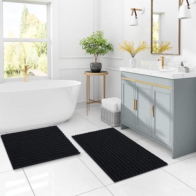 Arotive Luxury Chenille Bathroom Rug Mat, Extra Soft Thick Absorbent Shaggy Bath Rugs, Non-Slip Machine Wash Dry, Plush Bath Mats for Bathroom, Shower and Tub, 45x27, Black