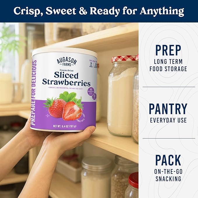 Augason Farms Freeze Dried Sliced Strawberries Can - Gluten Free Snack for Baking, Smoothies, and Emergency Storage - Healthy Individual Fruit Snacks – 6.5 Ounces (18 Servings)