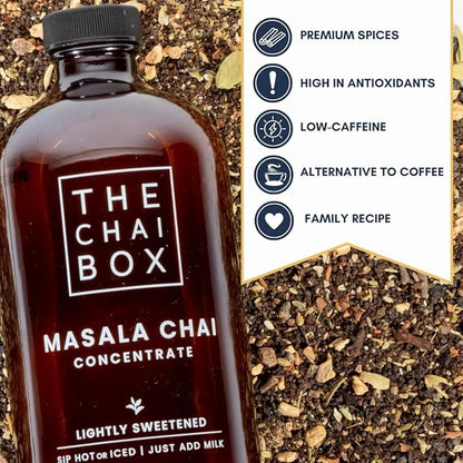 The Chai Box Sweetened Chai Tea Concentrate - Vegan, Gluten Free Chai Concentrate | 16 Ounce (Pack of 2) | Hot or Iced Black Tea Concentrate, Small Batch with Whole, Premium Spices