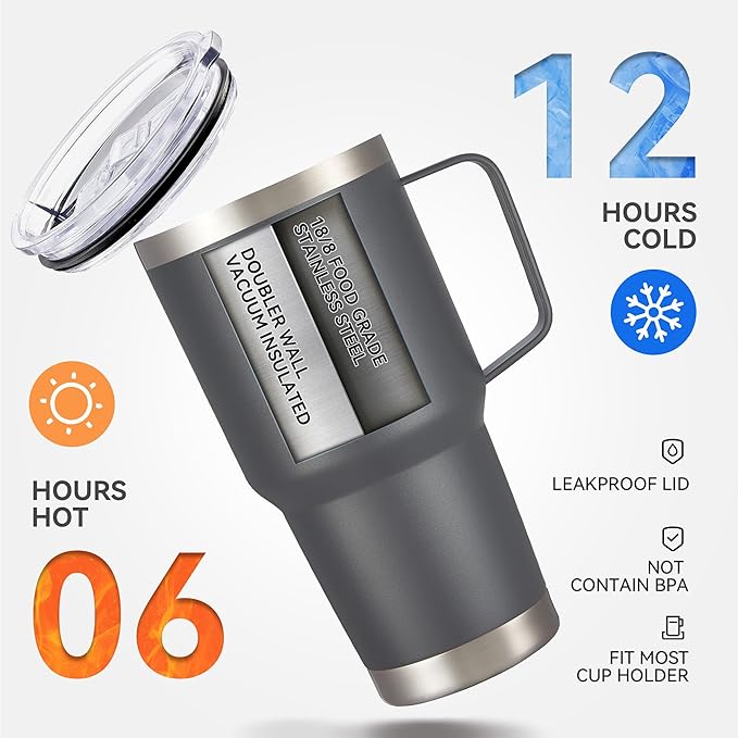 30 oz Tumbler with Handle and Lid, Stainless Steel Tumblers Bulk Double Wall Vacuum Insulated Travel Mug Leak Proof Cup Keep Drinks Cold and Hot Grey, 8 Pack