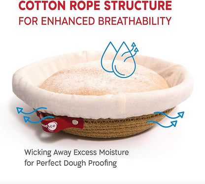 KneadAce Cotton Rope Banneton Bread Proofing Basket Set, 2 x Round Bread Basket with Liners & Covers for Artisan Bread Baking, Sourdough Bread Baking Supplies