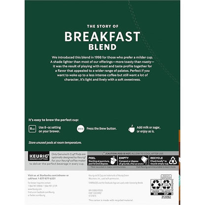 Starbucks K-Cup Coffee Pods, Medium Roast Coffee, Breakfast Blend, 100% Arabica, 4 boxes (96 pods total)