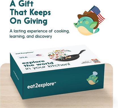 eat2explore Cooking Kits for Kids – Interactive & Educational Kids Cooking Sets Real for Ages 5 and Up,3 Recipe Cards & Global Ingredients – Fun Gift for Young Chefs (USA Edition)