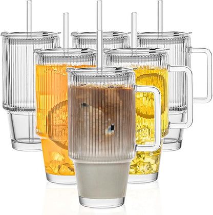 KEMORELA 6-Pack 24oz Glass Cups with Lids and Straws, Ribbed Textured Tumblers with Handle, Reusable Clear Drinking Glasses for Iced Coffee, Bubble Tea, Dishwasher Safe, Drinkware Set