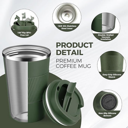 Volhoply 13 oz Stainless Steel Insulated Travel Coffee Mug with Fip Lid,Reusable Double Wall Vacuum Metal Coffee Cup,Portable to Go Leak Proof Cafe Thermal Tumbler for Hot & Cold Drinks(Army Green,1)