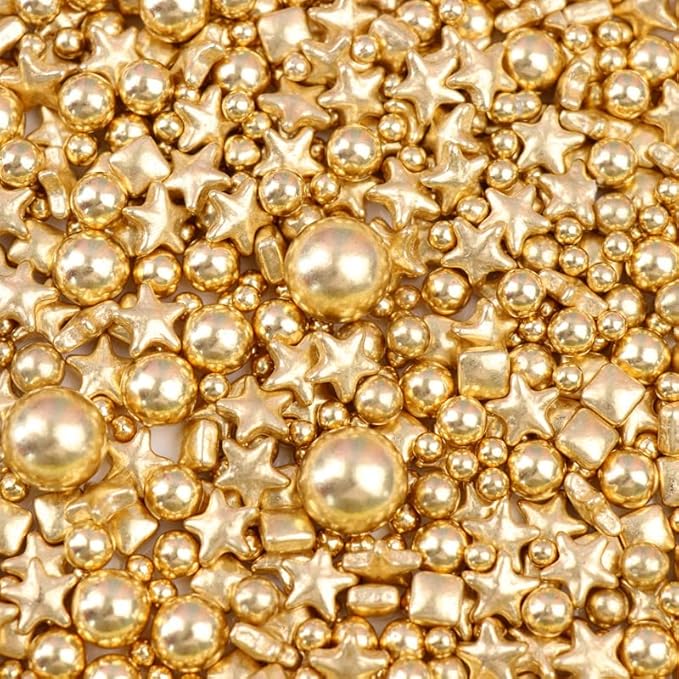 HIFUNBK Gold Mix Sprinkle For Cupcake Topper with Gift Box Pack, 10 Different Shape Sugar Candy Dragee for Cake Baking Decoration, 200g