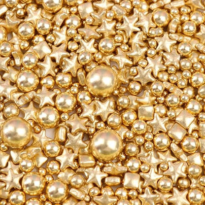 HIFUNBK Gold Mix Sprinkle For Cupcake Topper with Gift Box Pack, 10 Different Shape Sugar Candy Dragee for Cake Baking Decoration, 200g