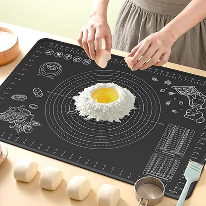 Silicone Baking Mat 32" x 24" Extra Thickness Dough Rolling Mat with Measurements and Edge Heightening, Non-stick Food Grade Silicone Pastry Mat for Pastry, Bread, Cookies, Pizza, Fondant, Pasta-Black