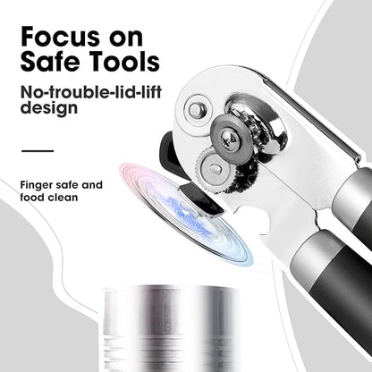 Beneno Can Opener Manual with Magnet, Hand Held Heavy Duty Can Opener with Durable Sharp Blade Smooth Edge, Big Effort-Saving Knob, Soft Grip Rubber Handle, Multifunctional Bottle Opener, Black
