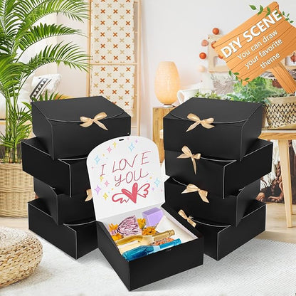 8Pack Large Gift Boxes with Lids, 12x12x5 Inches Bridesmaid Proposal Box With Ribbon, Black Boxes For Gifts, Paper Gift Box For Presents, Wedding, Bridal Shower, Birthday Party