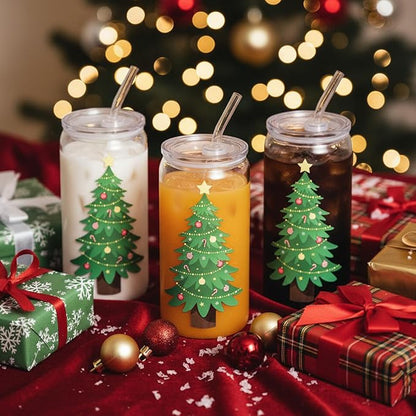 Christmas Gifts, 18oz Color Changing Christmas Glass Cups with Lids and Straw, Glass Tumbler Iced Coffee Drinks Cups for Holiday Party (1 Pack)