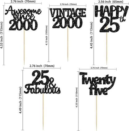Gyufise 30Pcs Vintage 2000 Cupcake Toppers Glitter 25th Birthday Cake Decorations - Black