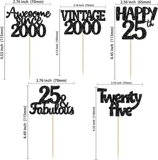 Gyufise 30Pcs Vintage 2000 Cupcake Toppers Glitter 25th Birthday Cake Decorations - Black