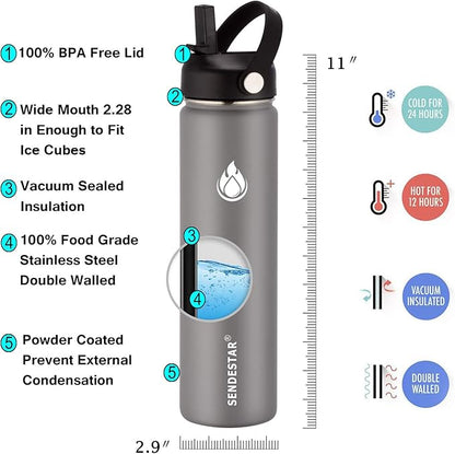 SENDESTAR Stainless Steel Water Bottle, Wide Mouth Water Bottle 24 oz with Straw Lid, Spout Lid, Double Wall Vacuum Insulated Leak Proof, Keeps Liquids Hot or Cold (Graphite)