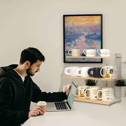Coffee Mug Holder Wooden Cup Station Organizer 3 Tier Cup Holder for Coffee Bar Mug Display Rack for Countertop Mug Holder Shelf for Home Kitchen Trapezium-Pinewood