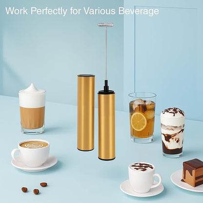 Rechargeable Electric Milk Frother Handheld,2-Speed Travel Frother with Tube Case, Milk Foamer Coffee Frother for Latte, Cappuccino, Drink Mixer with 2 Stainless Whisks and Charger Golden