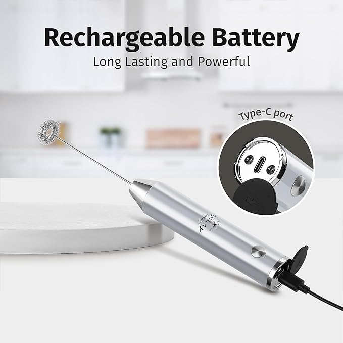 Zulay Kitchen Lux Rechargeable Milk Frother Handheld - Powerful 2-Speed Motor, Fully Waterproof, 2000mAh Battery - Drink Mixer For Latte, Cappuccino, Matcha, Protein Powder - Silver